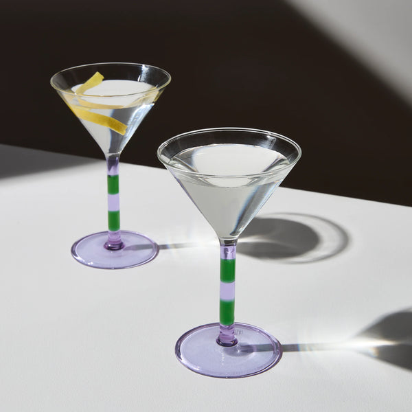 Two x Striped Martini Glasses Lilac + Green
