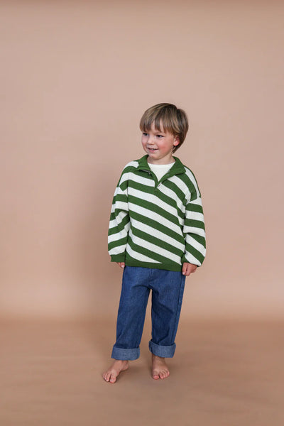 Button Up Diagonal Stripe Pull Over Verde