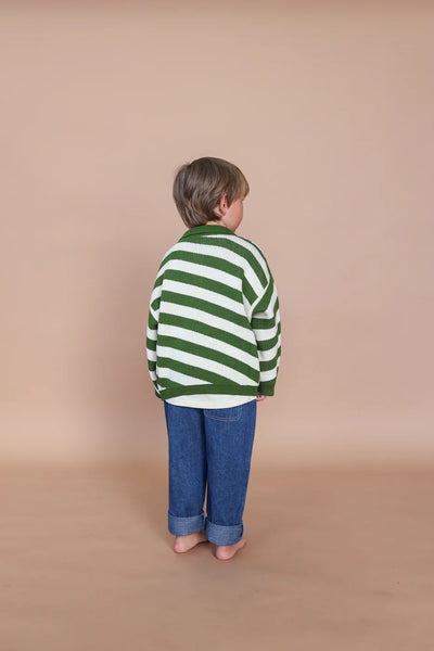 Button Up Diagonal Stripe Pull Over Verde