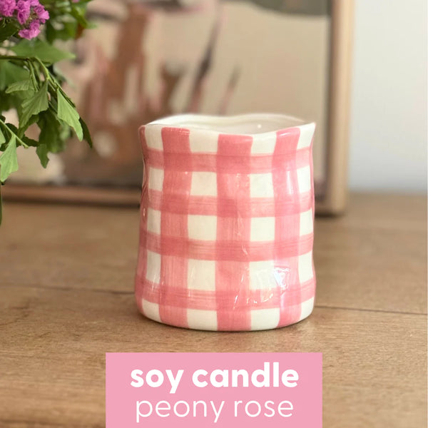 Peony Rose Pink Gingham Candle