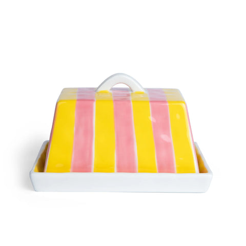 Large Butter Dish Pink & Yellow Stripe