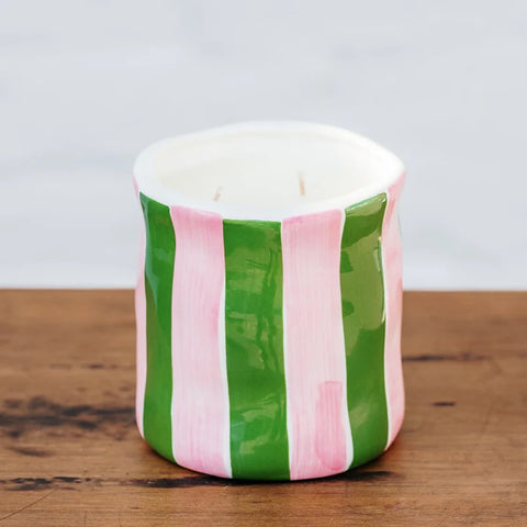 Bejeweled Orange Blossom Emerald and Pink Stripe  Candle Medium