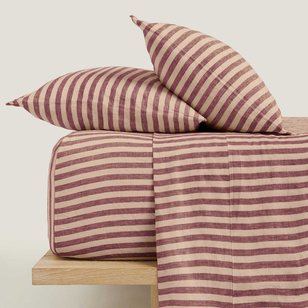 Linen Fitted Sheet in Coco Berry Stripes