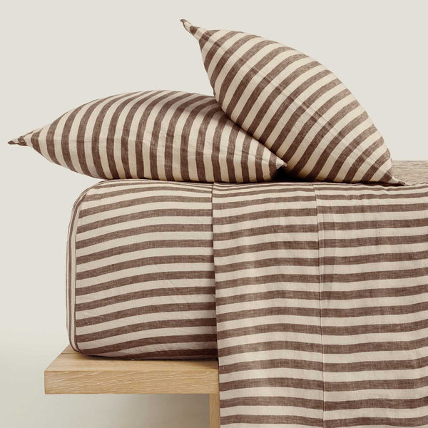 Linen Fitted Sheet in Chocolate Stripes