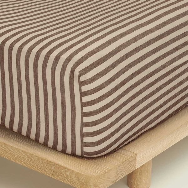 Linen Fitted Sheet in Chocolate Stripes
