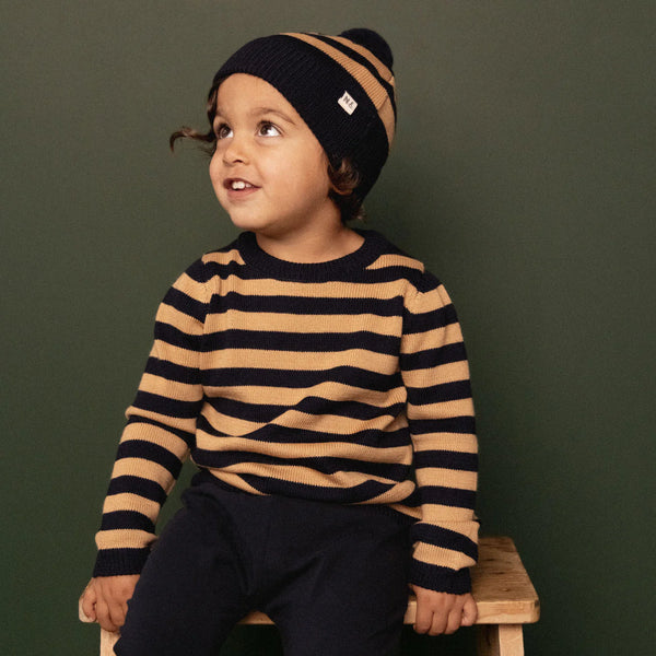 Merino Knit Pullover Navy/Caramel Stripe