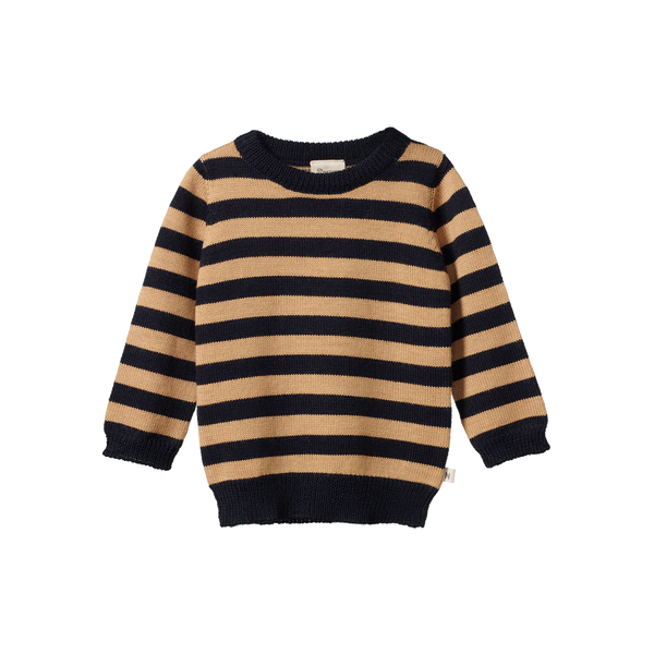 Merino Knit Pullover Navy/Caramel Stripe