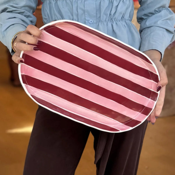 Oval Platter Pink & Burgundy Stripe