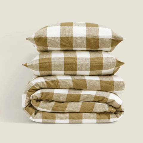 Linen Duvet Cover in Olive Check