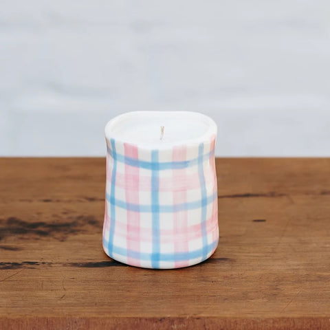 Peony Suede Pink & Cornflower Blue Gingham Candle Medium