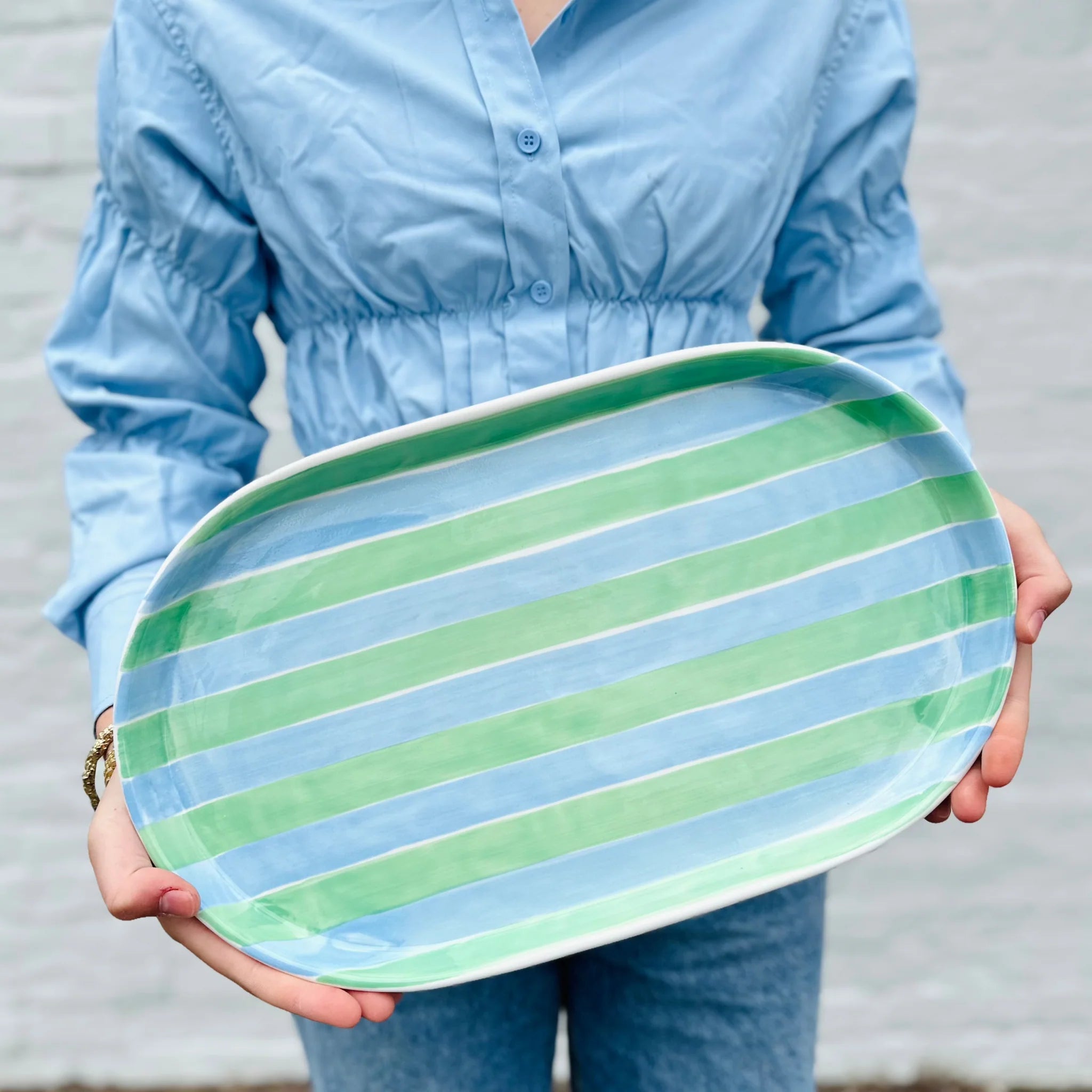 Oval Platter Blue & Mint Green  Stripe