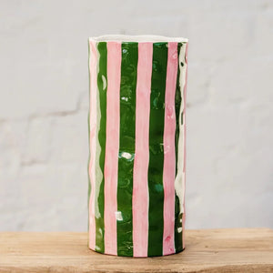 Large Dark Green & Pink Stripe Vase