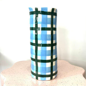 Medium Cornflower Blue & Emerald Green Gingham Vase