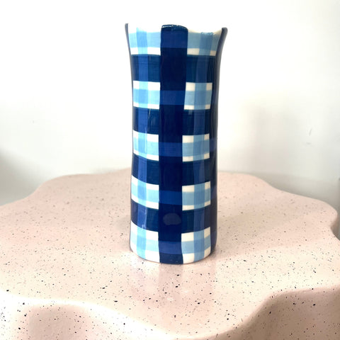 Small Navy & Cornflower Blue Gingham Vase