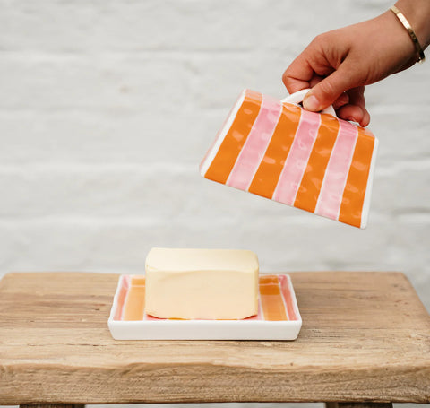 Large Butter Dish Pink & Orange Stripe