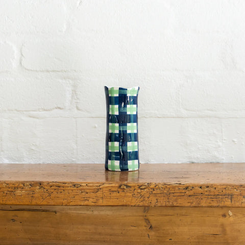 Small Navy & Mint Green Gingham Vase