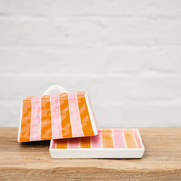 Large Butter Dish Pink & Orange Stripe