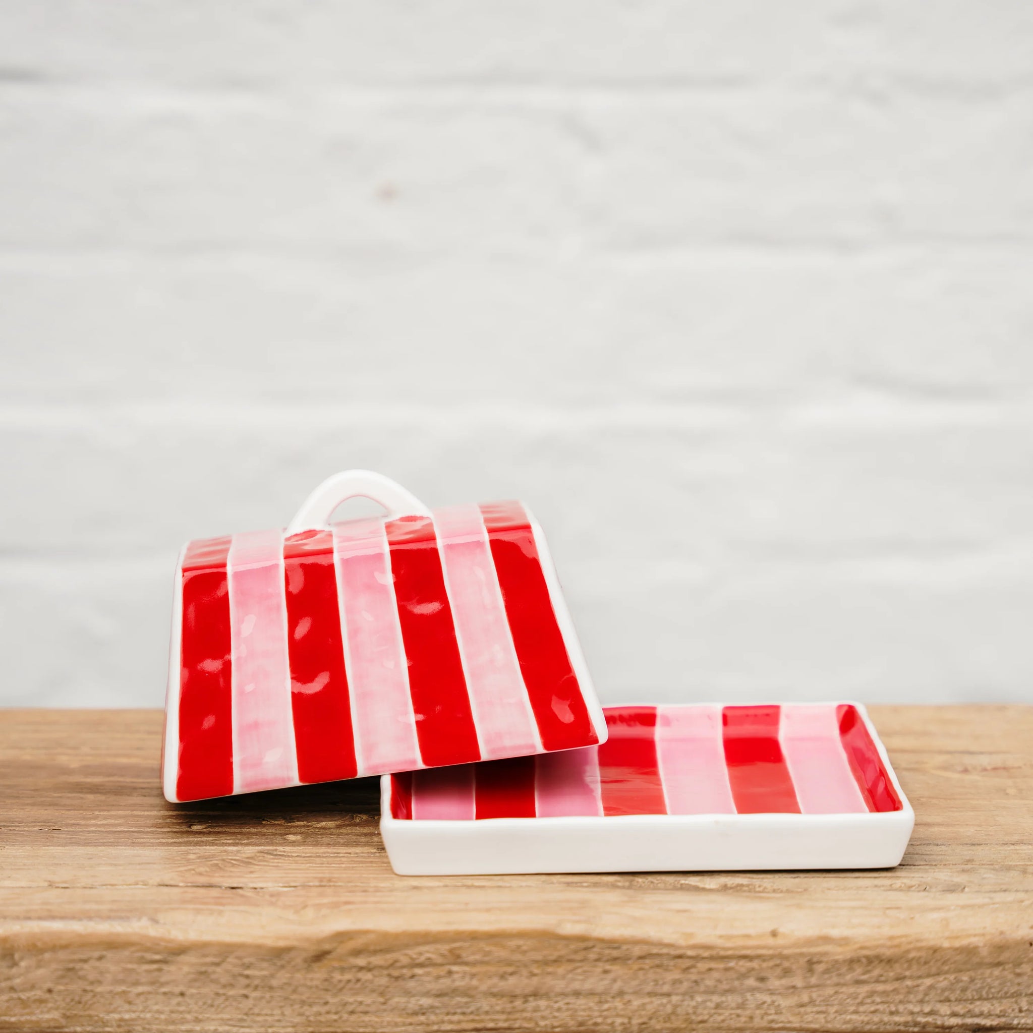 Large Butter Dish Red & Pink Stripe