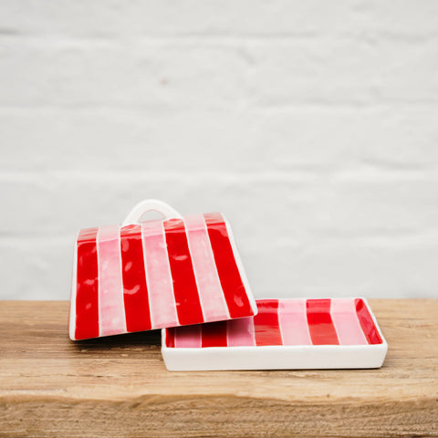Large Butter Dish Red & Pink Stripe