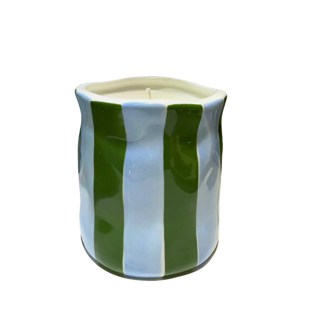 Enchanted English Pear Emerald & Cornflower Blue Stripe Candle Small