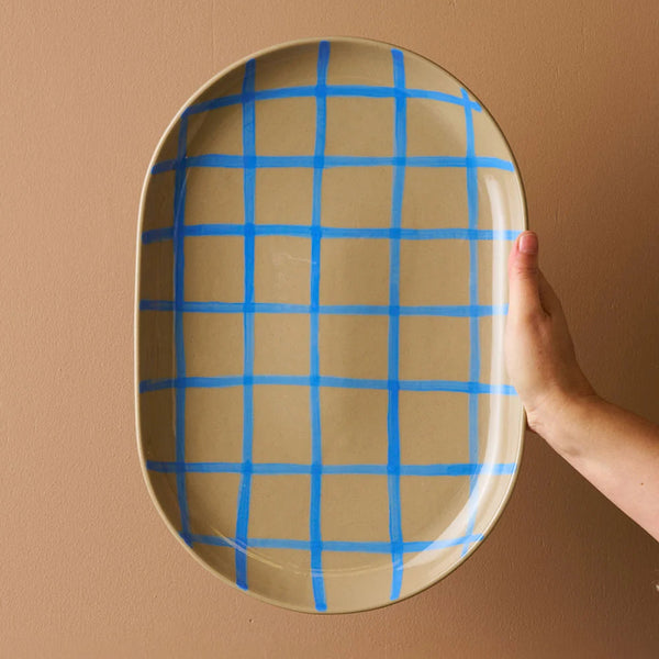 38cm Oval Tray Stone with Blue Stripe Coastal Junction