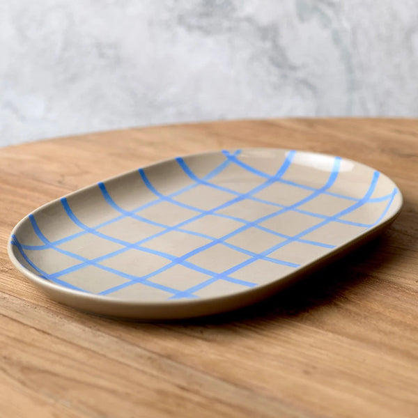 38cm Oval Tray Stone with Blue Stripe Coastal Junction