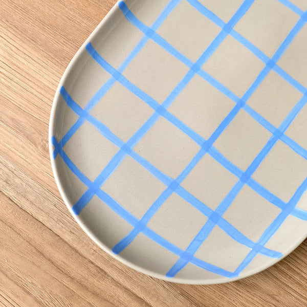 38cm Oval Tray Stone with Blue Stripe Coastal Junction