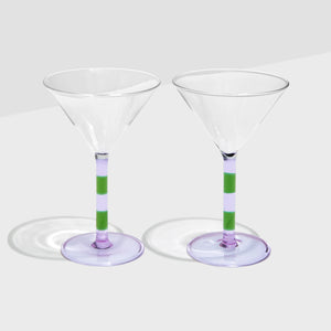 Two x Striped Martini Glasses Lilac + Green