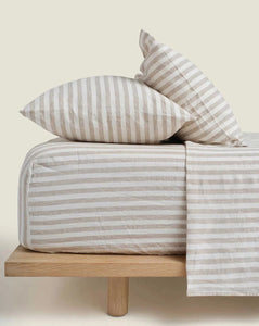 Linen Fitted Sheet in Wide Natural Stripes
