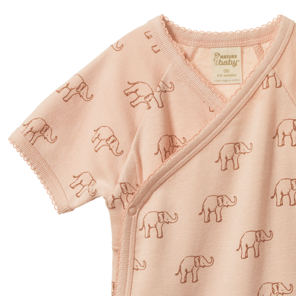 Cotton Short Sleeve Kimono Bodysuit Elephant Rose Dust Print