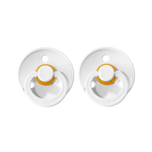 BIBS Dummies Size 2 in white, two-pack, featuring soft silicone nipples and rounded shield for comfortable infant soothing.